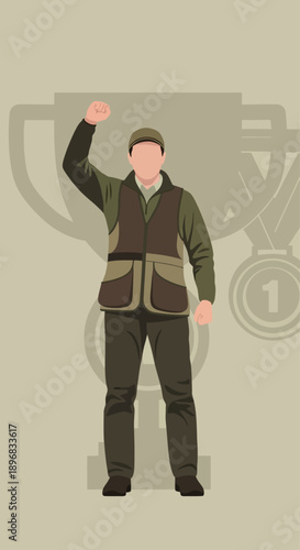 Winner Celebrating Victory with Fist Raised Trophy and Medal Background Vector Illustration trophy