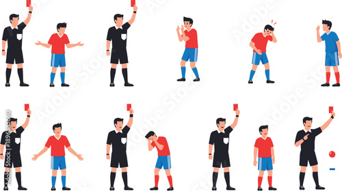 Soccer Referee Red Card Scene Icon Set with Football Official Penalizing Player for Fouls and Rule Violations in Match Situations