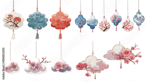 Watercolor Chinese New Year hanging cloud lanterns set in soft red and blue colors. Festive ornament collection for Lunar New Year greetings, invitations, posters, and design.
