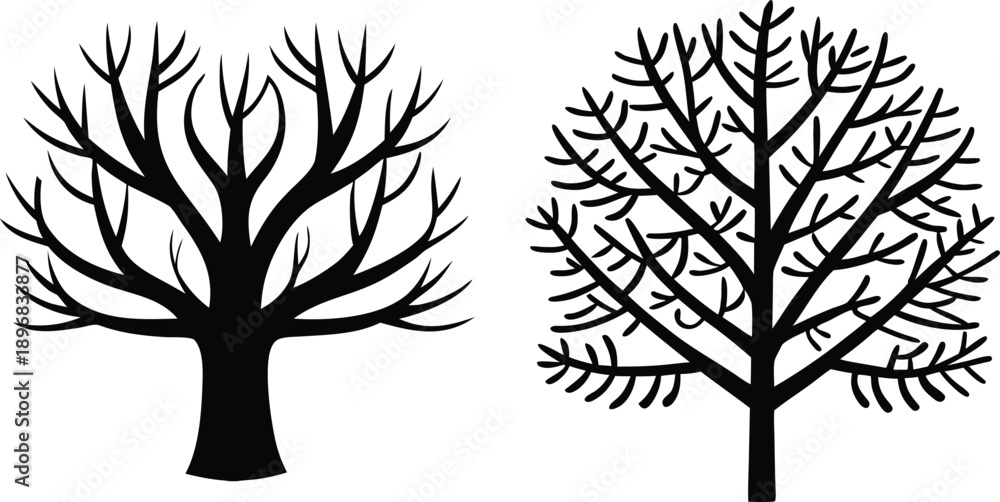 Obraz premium Black silhouettes of two leafless trees on white background