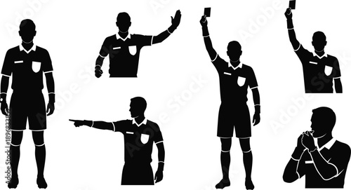 Soccer Referee Silhouette Icon Set with Football Official Signaling Cards, Fouls, and Match Decisions for Sports Graphic Design