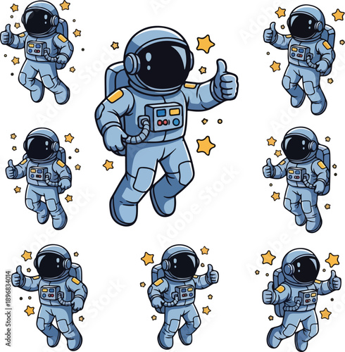 A set of cartoon astronauts in blue space suits with yellow accents, depicted in various poses and surrounded by stars on a white background. Perfect for children's books, educational