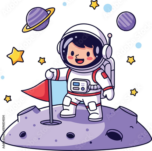 A cartoon astronaut standing on a purple planet surface with a flag, surrounded by stars and planets in a colorful vector illustration. Perfect for children's books, educational materials,