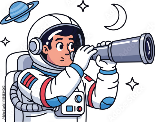 A cartoon astronaut in a white space suit with red and blue accents, looking through a telescope against a starry background with a moon and planet. Perfect for education, children's books,