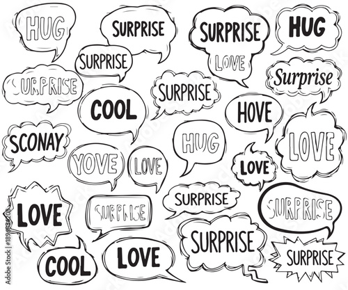 A collection of comic speech bubbles with various positive words