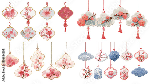 Watercolor Chinese New Year hanging ornaments set with floral lanterns, tassels, and lucky charms. Elegant festive decoration collection for Lunar New Year greetings and design.