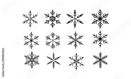 Collection of intricate snowflake designs in black and white demonstrating diverse crystalline structures and winter beauty for holiday and seasonal decorations