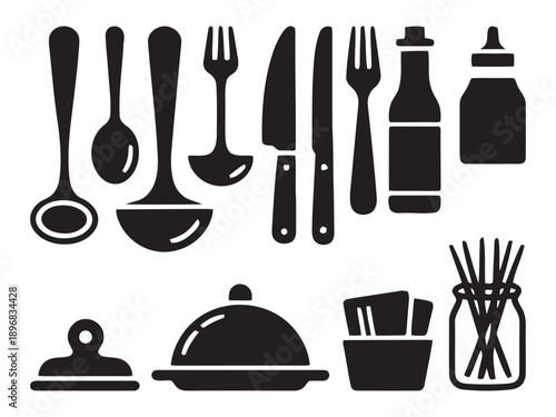 Collection of kitchen utensils, cutlery, serving dishes, and condiment bottles, restaurant and cafe equipment set, culinary tools