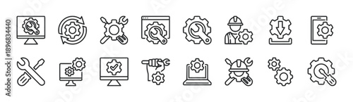 Collection of line art icons for technology and industry including computer repair maintenance tools and system settings for development and engineering