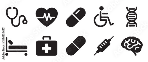 Collection of medical icons including stethoscope heartbeat pill wheelchair dna syringe brain bed first aid kit
