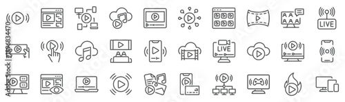 Collection of modern flat icons for video streaming and broadcasting, including play buttons, screen displays, cloud storage, music notes, live broadcasts, 