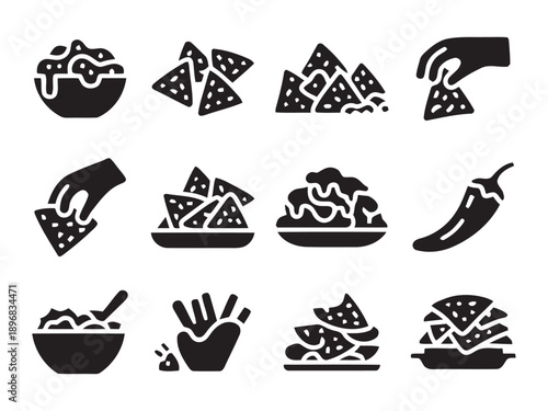 Collection of Mexican food icons including nachos with cheese dip, tortilla chips, salsa, guacamole, jalapeno pepper, french fries, and loaded nachos served on plate.