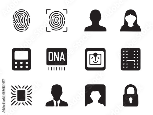Collection of modern security and identification icons such as fingerprints DNA scanners biometric data 