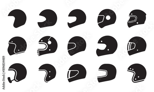 Collection of motorcycle and racing helmet icons, diverse helmet styles from classic to full-face, vector illustrations for sports, safety, and apparel design, representing speed and protection