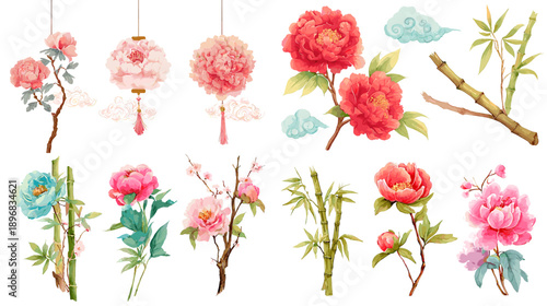 Watercolor Chinese New Year decoration set with lanterns, peony flowers, bamboo, and clouds. Festive oriental elements collection for Lunar New Year greeting cards and design.