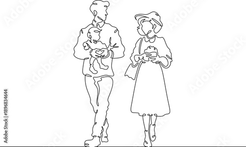 Continuous single line drawing family on a walk. Young family with children. Weekend.Parents.Offspring.Linear.One continuous line isolated minimalist illustration. Not AI.