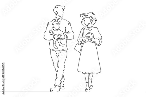 Continuous single line drawing family on a walk. Young family with children. Weekend.Parents.Offspring.Linear.One continuous line isolated minimalist illustration. Not AI.