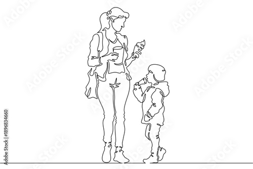 Continuous single line drawing family eats on the street. People eat fast food. Weekend.Parents.Offspring.Linear.One continuous line isolated minimalist illustration. Not AI.