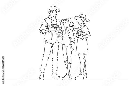 Continuous single line drawing family eats on the street. People eat fast food. Weekend.Parents.Offspring.Linear.One continuous line isolated minimalist illustration. Not AI.