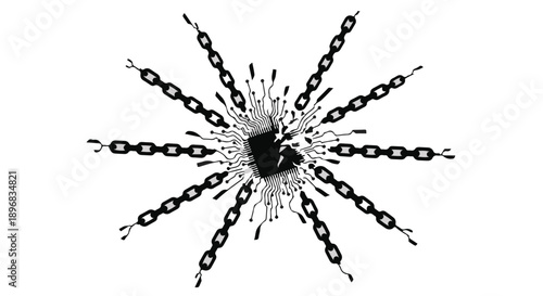 Digital network connection radiating from a central processor with radiating chains.