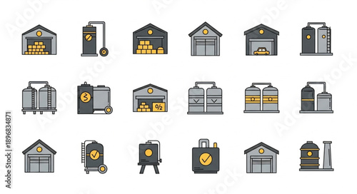 Collection of industrial warehouse and storage facility icons.