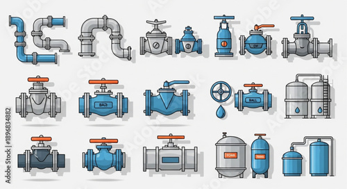 Collection of Industrial Valves and Pipes Vector Illustration.