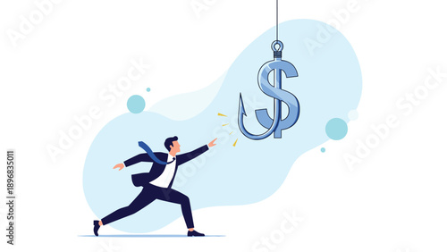 Determined businessman desperately reaching for a large dollar sign bait attached to a sharp hook against a soft blue background.