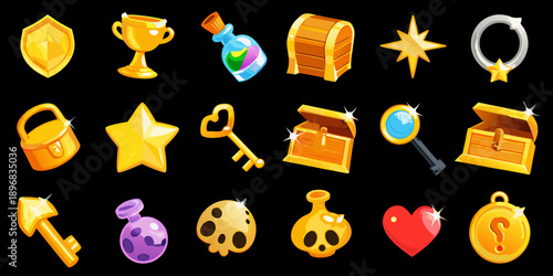 Colorful collection of treasure and magical item icons on black background