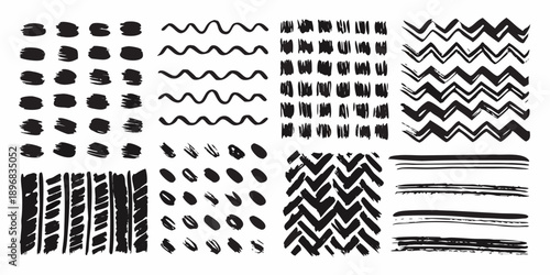 Collection of abstract black brushstrokes and patterned lines