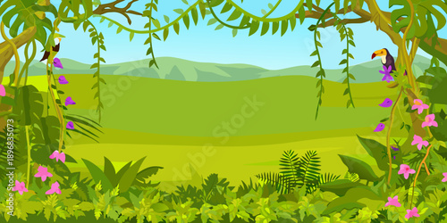A vibrant jungle scene with colorful birds vines and a lush green landscape