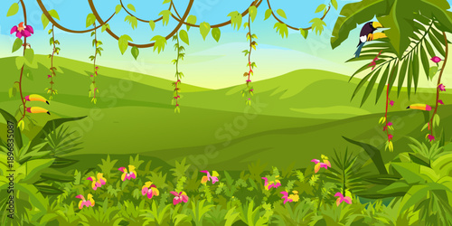 A vibrant jungle scene with lush greenery and colorful tropical birds