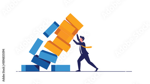 Strong businessman putting all his effort into preventing a tall stack of golden and blue blocks from collapsing in a financial crisis.