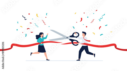 Professional man and woman collaborating to cut a long red ceremonial ribbon with a large pair of scissors amidst colorful confetti.