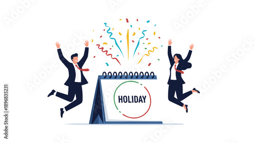 Happy business team celebrating arrival of vacation time by jumping in excitement around a desk calendar featuring a holiday notice.