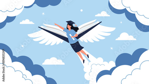 Ambitious female student wearing a graduation cap and flying through a blue sky with wings formed by an open book and white feathers.