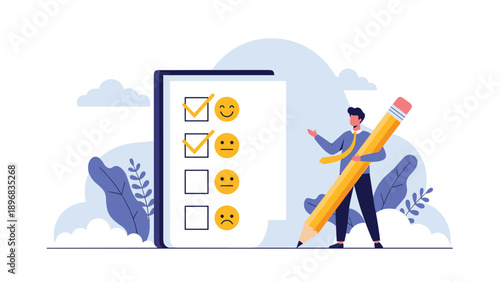 Young professional man holding a giant yellow pencil while presenting a customer satisfaction survey with various facial expression icons.