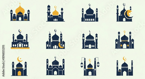 Collection of Islamic Mosques and Crescent Moon Icons.