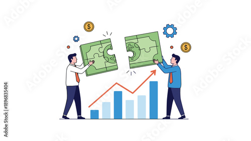 Two male professionals in business attire collaborating to join two large puzzle pieces forming a green dollar bill over a growth graph.