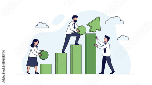 Diverse professional team working together to build a large green bar chart using blocks and coins to represent financial growth.