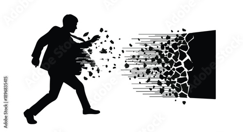 Silhouette of a man breaking through a wall, symbolizing change and transformation