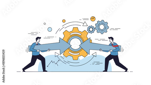 Professional businessmen carrying heavy blue arrows from opposite sides to meet at a central orange gear in a symbolic mechanism.