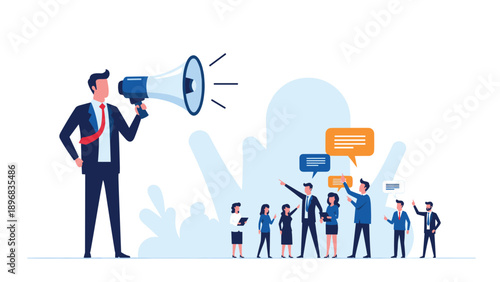 Confident businessman using a large blue megaphone to communicate his vision to a diverse group of professional office workers.