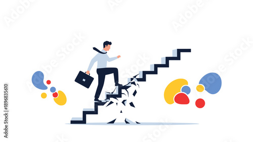 Determined businessman climbing crumbling stairs representing high risk, unstable growth, and challenges on the path to success.