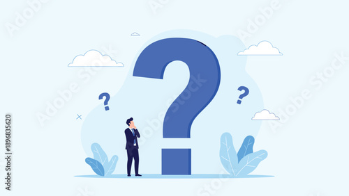 Thoughtful businessman standing beside large blue question mark contemplating difficult decisions and searching for business answers.