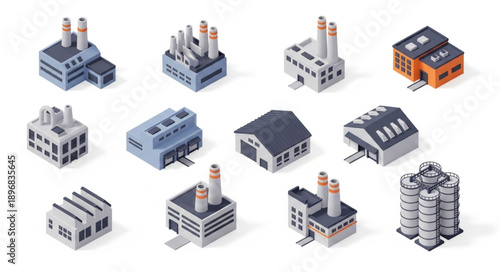 Collection of isometric industrial factory buildings and structures.