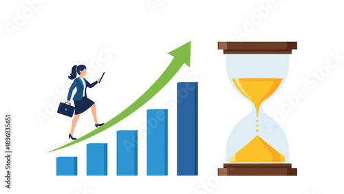 Ambitious businesswoman running up growing bar chart next to large hourglass representing time management and rapid career progress.