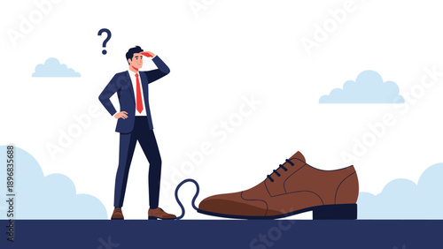 Perplexed businessman standing by giant brown shoe looking for missing piece representing business misfit, challenges, or obstacles.