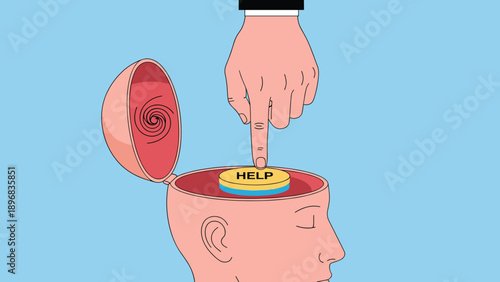 Large finger pressing yellow help button inside open human head representing mental health support, advice, and professional assistance.