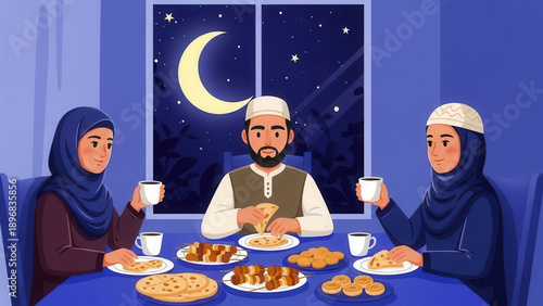 A muslim family gathering for a traditional meal during a crescent moonlit night