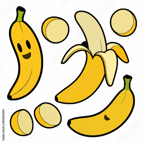 Cute cartoon banana vector set with playful fruit characters on white background